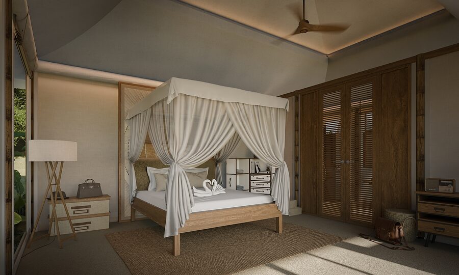 Tented suite with rice-field and pool view in the evening