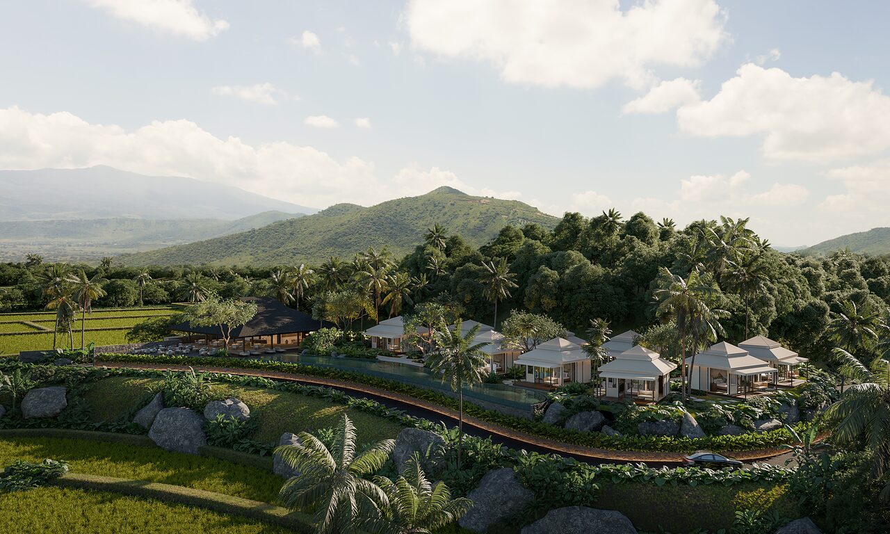 Aerial view of the resort set within the Jatiluwih rice terraces