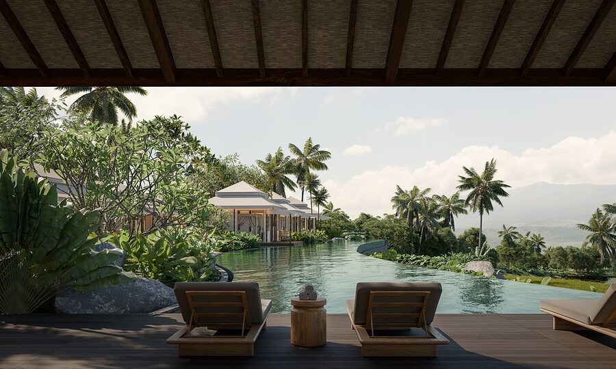 Infinity pool with sun loungers and valley view