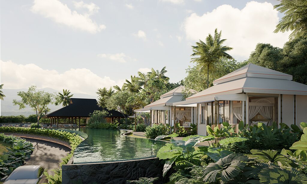 Tented villas along the infinity pool and rice terraces