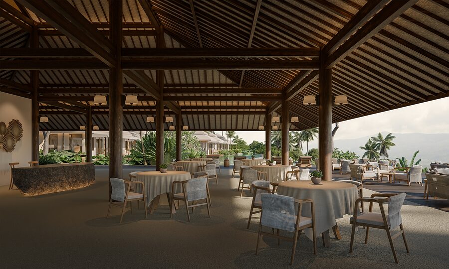 Open-air restaurant under a timber-frame roof